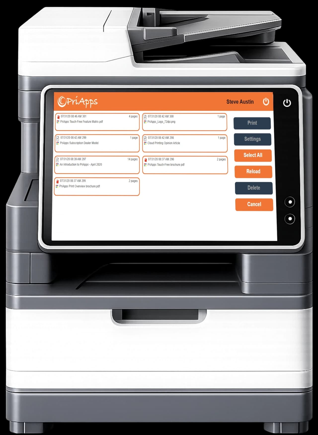 PriApps secure print release queue on a multifunction printer touch panel