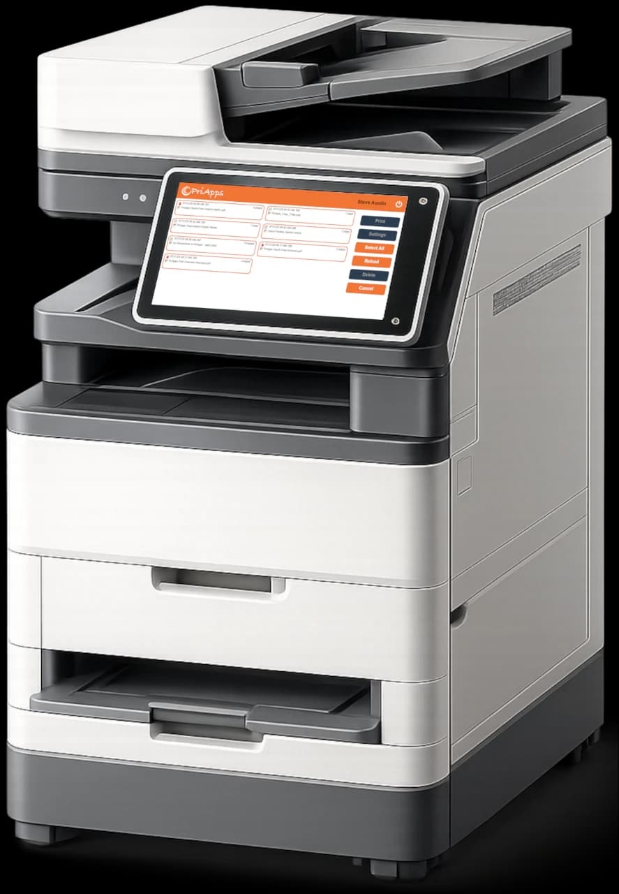 PriApps secure print release queue on a workgroup MFP