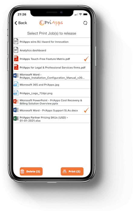PriApps Touch-Free app showing the print release queue on an iPhone